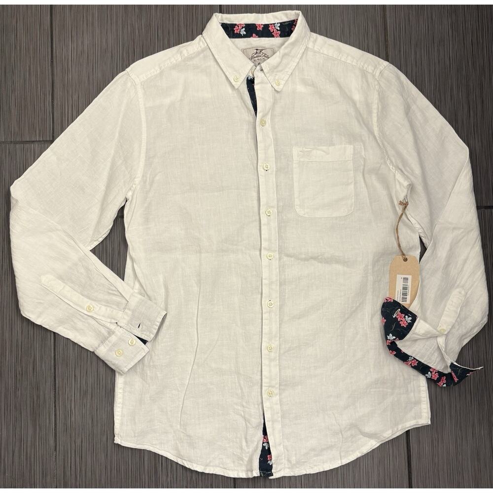 Madda Fella Ernest Accent Long Sleeve Linen Shirt Medium Sail White/Hibiscus